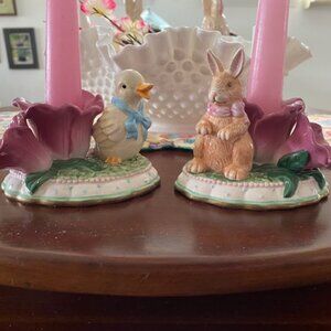 Vintage AVON pr SPRINGTIME BUNNY & DUCK Glazed Porcelain PINK TULIP Candleholder